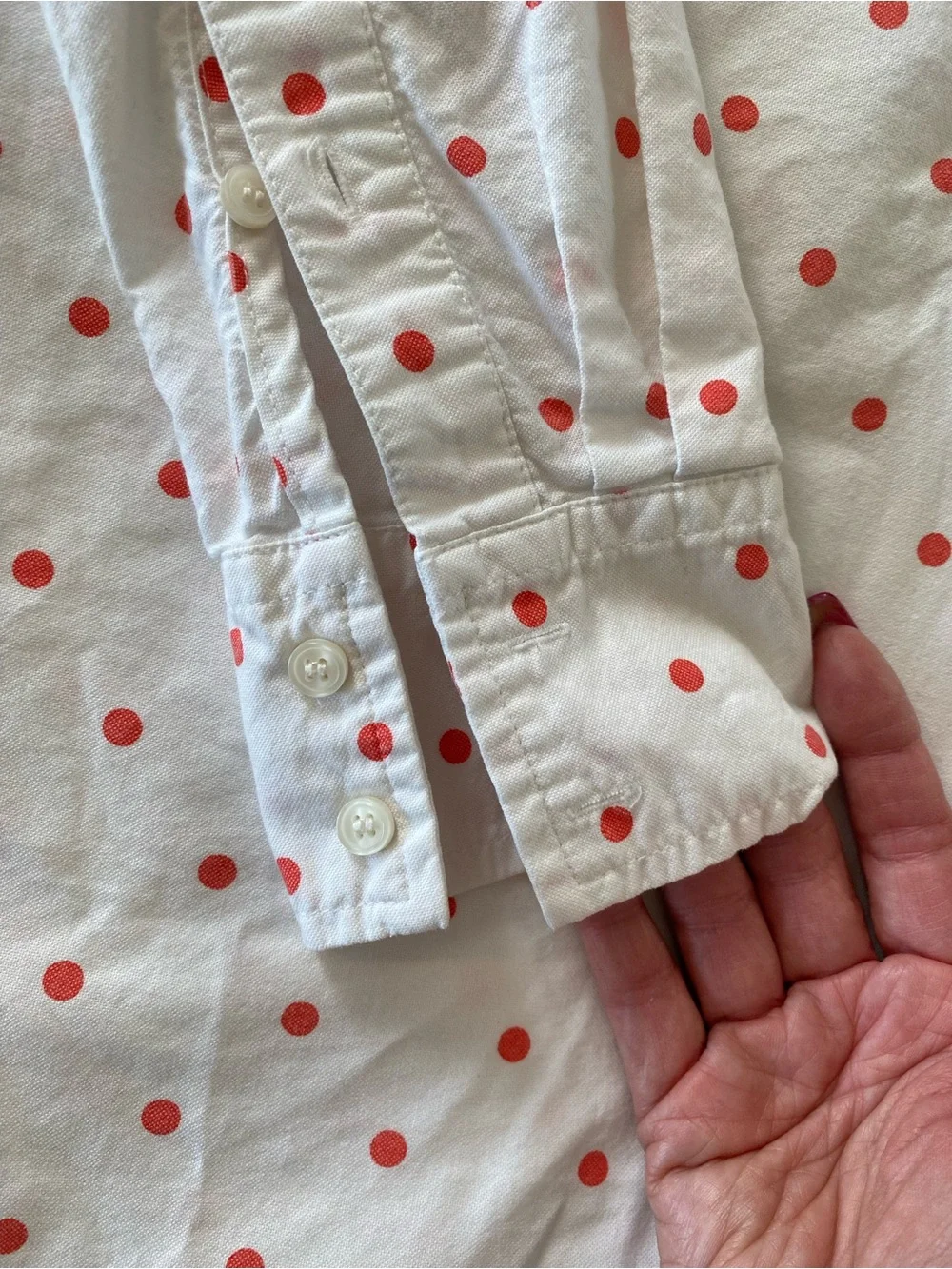 J. Crew White Button-Down Shirt with Coral Polka Dots